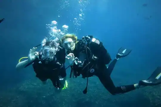 Immagine di due sub che esplorano il mondo marino con attrezzature professionali.