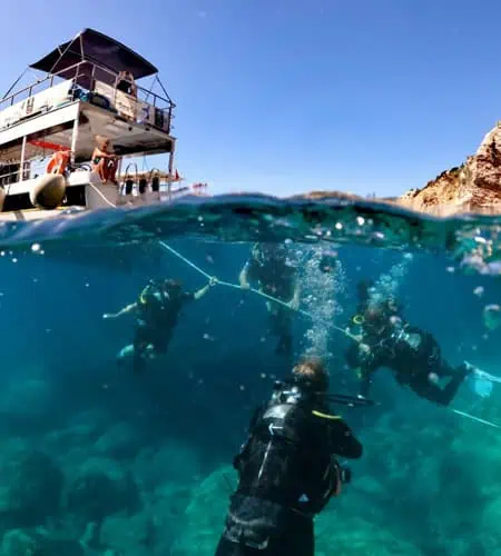 Bild eines Bootes und Taucher, die das klare Wasser vor einer felsigen Küste erkunden.