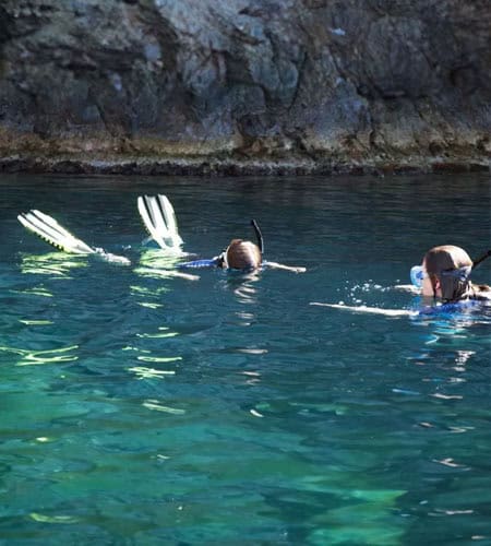 Immersione e snorkeling in acque limpide con esploratori subacquei.