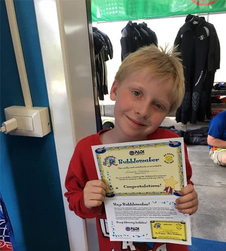 Certificato Bubble Maker per bambini che hanno completato il corso di immersione subacquea.