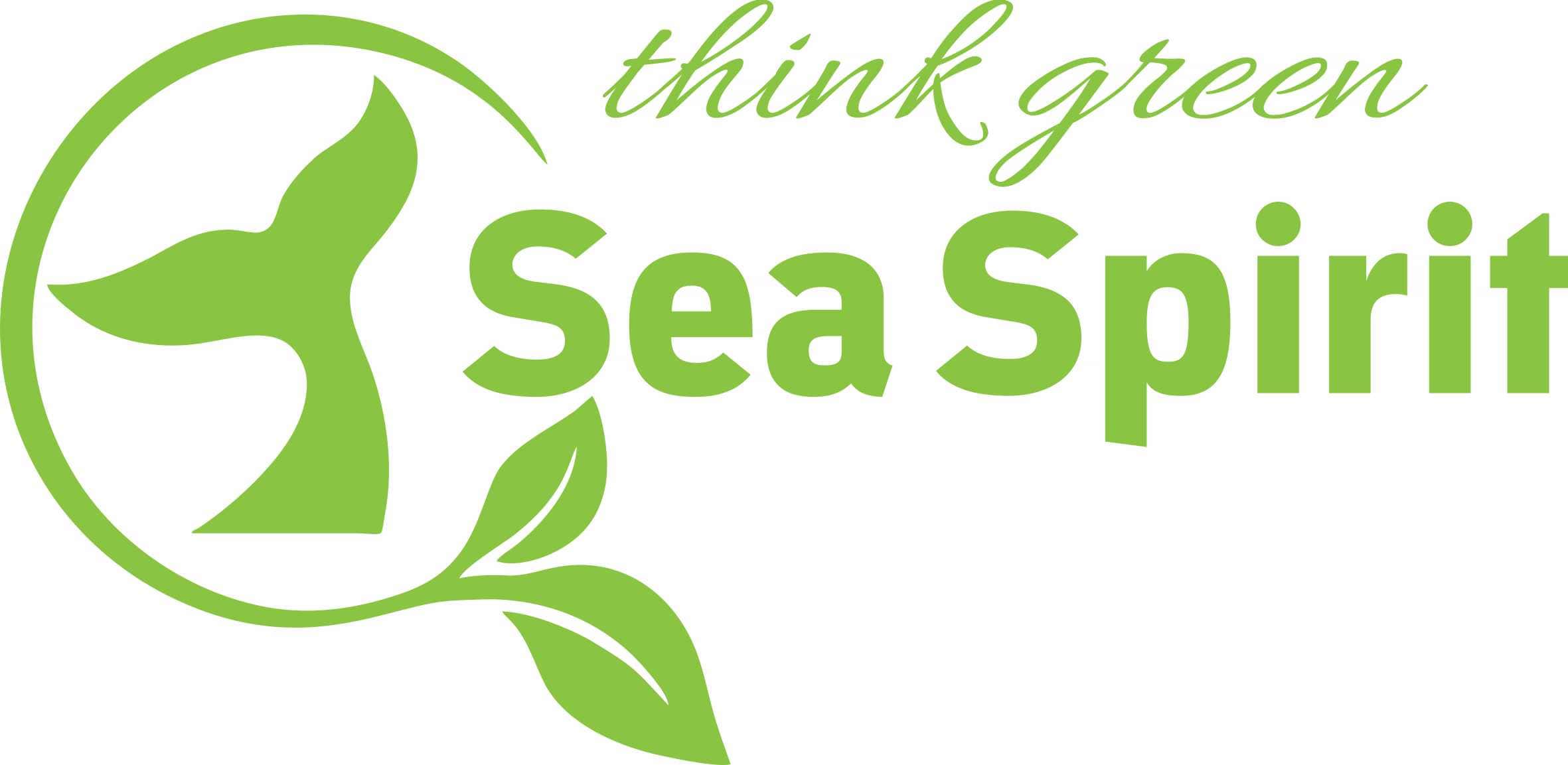 Logo Sea Spirit con balena stilizzata e foglia verde, simbolo di sostenibilità ambientale.